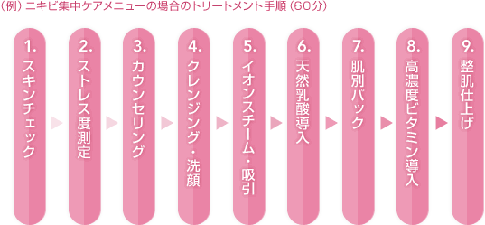 （例）ニキビ集中ケアメニューの場合のトリートメント手順（60分）