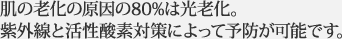 肌の老化の原因の80%は光老化。 紫外線と活性酸素対策によって予防が可能です。