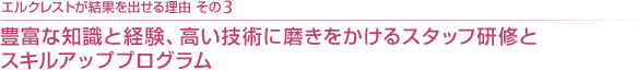 エルクレストが結果を出せる理由 その3豊富な知識と経験、高い技術に磨きをかけるスタッフ研修と
スキルアッププログラム