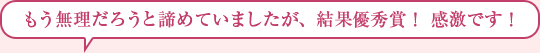 もう無理だろうと諦めていましたが、結果優秀賞！ 感激です！